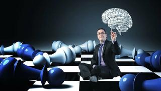 A conceptual image of a human brain integrated with a chessboard.